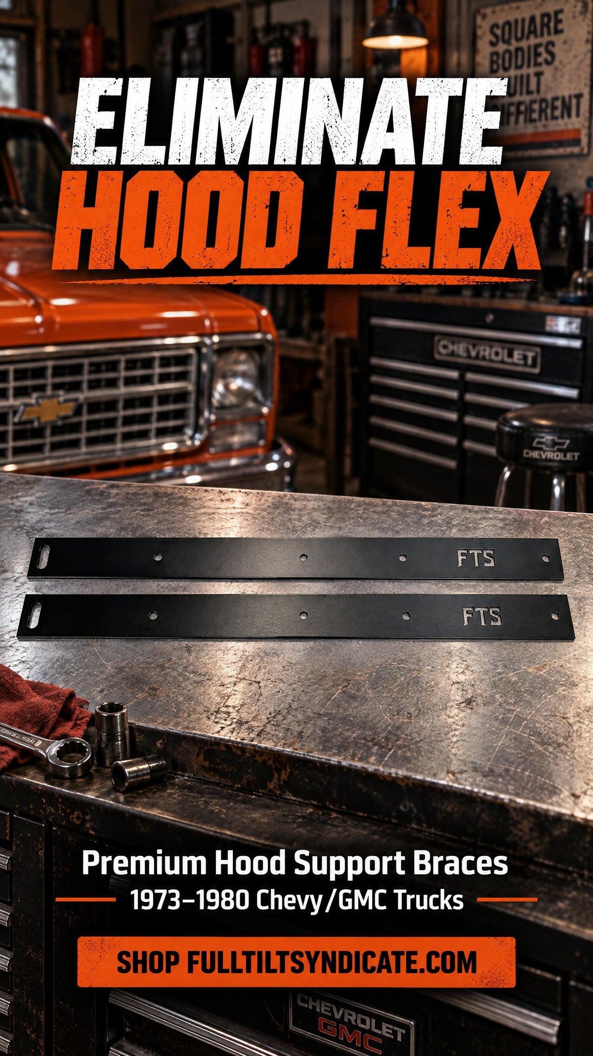 Full Tilt Syndicate hood brace product image for 1973–1980 Chevy and GMC trucks
